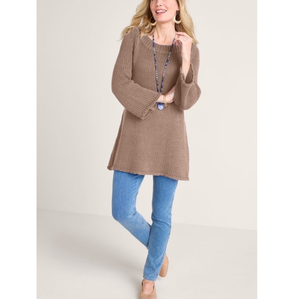 Soft Surroundings Brown Chunky Knit A-Line Tunic Sweater Bell Sleeve Womens Sz M - Picture 2 of 8